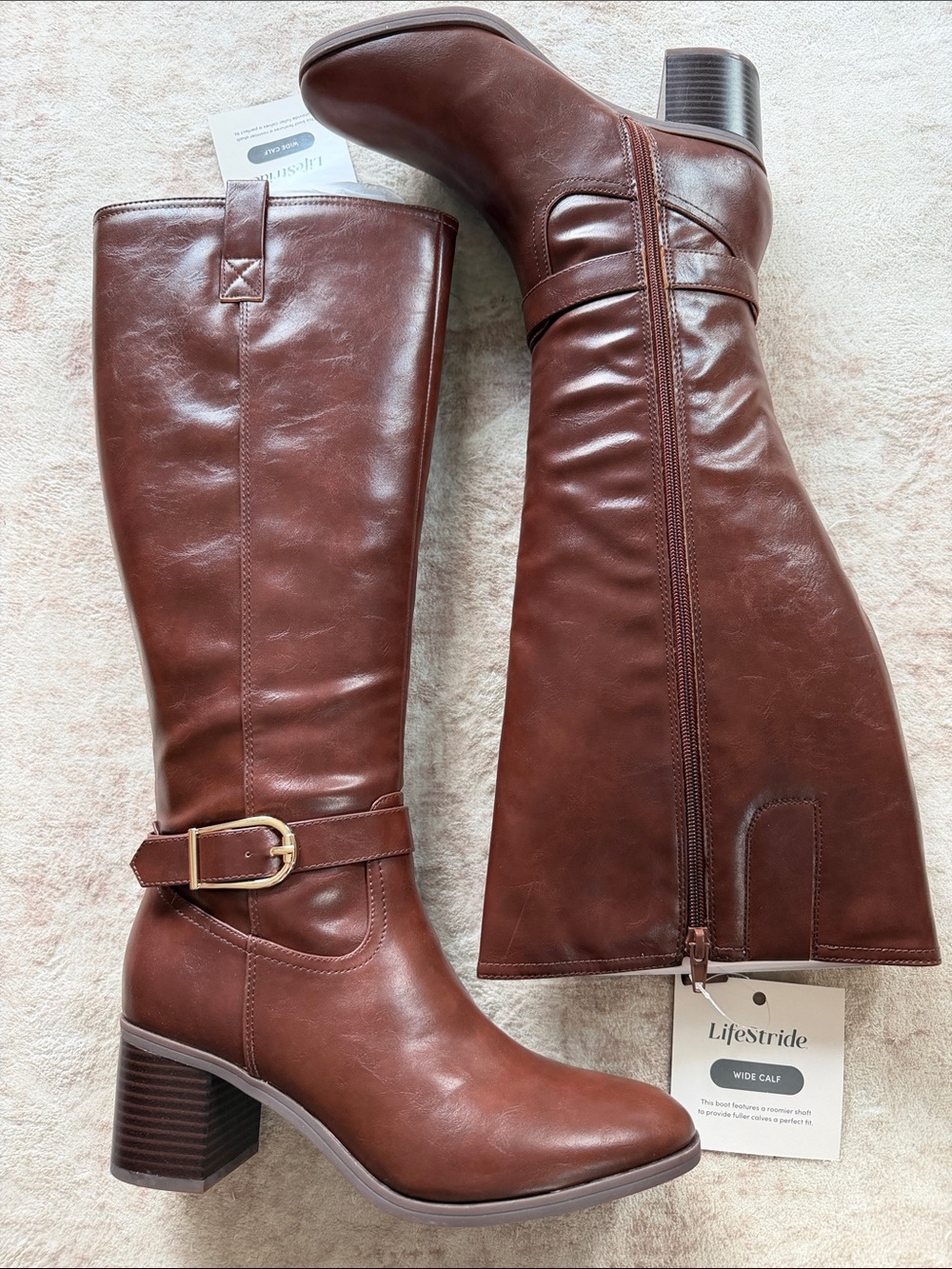 Life Stride Legend Brown Tall Block Heel Riding Boots with Buckle Wide Calf